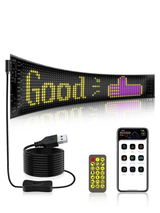LED-экран для авто 59×12 см, 500+ гиф и фраз, управление с телефона