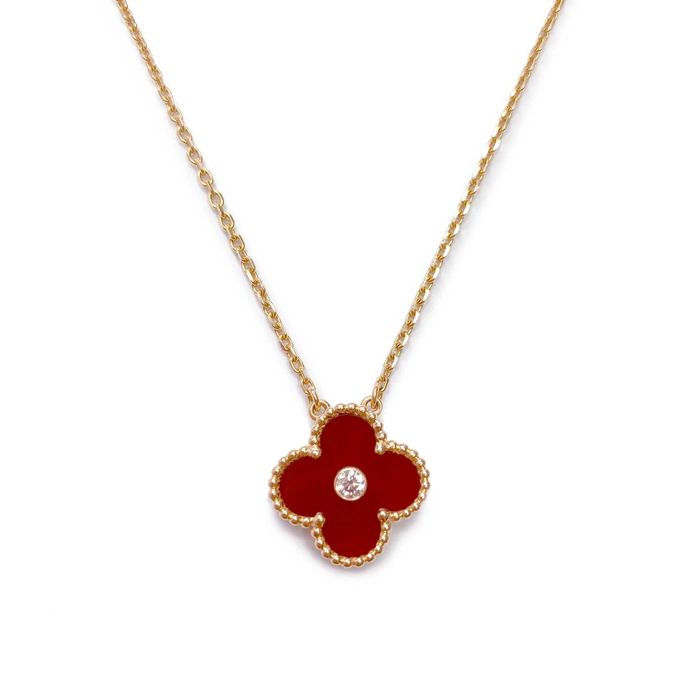 Van Cleef & Arpels VCA Silver Red Alhambra Diamond Clover Дамско Колие