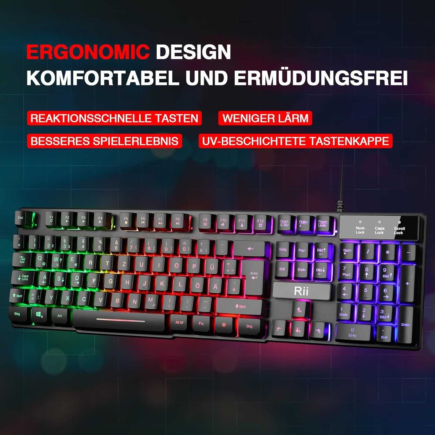 Tastatura gaming cu fir iluminata, membrana, QWERTZ, Rii  - pret FIX
