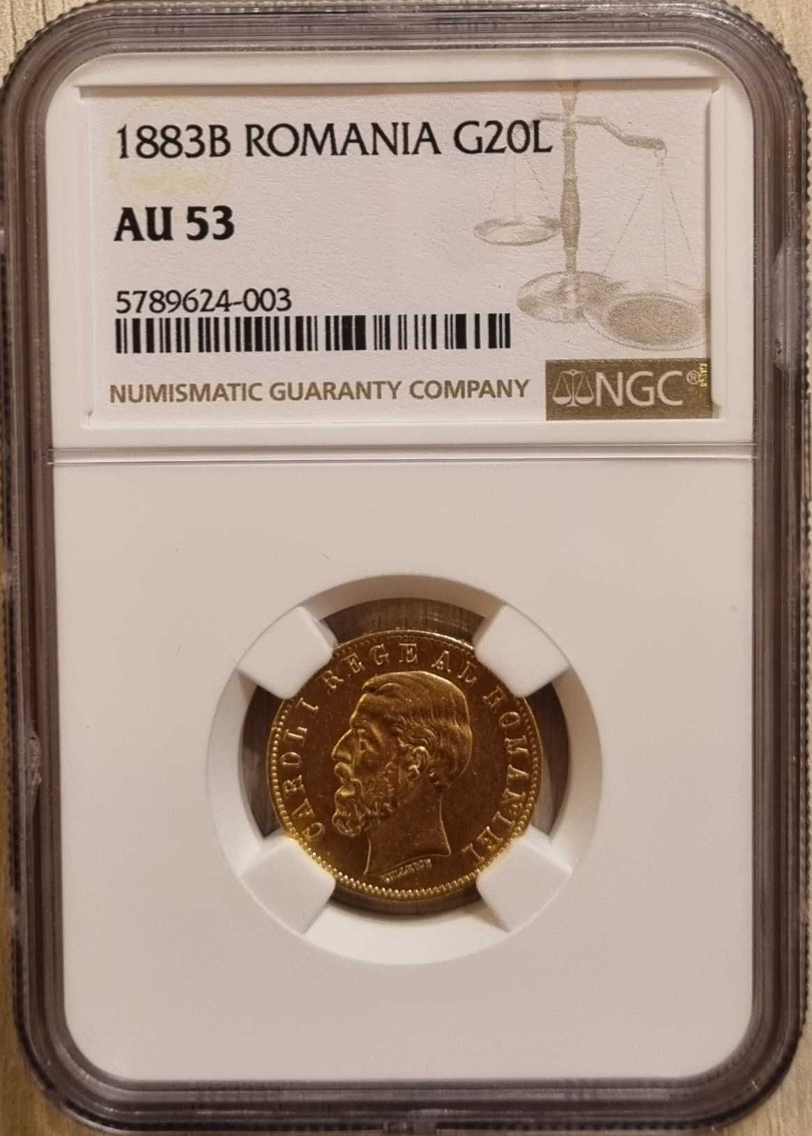 Moneda aur 20 Lei 1883, Carol I, gradata NGC AU 53