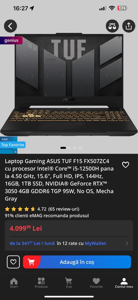 Laptop Gaming Asus TUF F15 15.6’, Intel Core I5 12500, 144hz, 1TB SSD