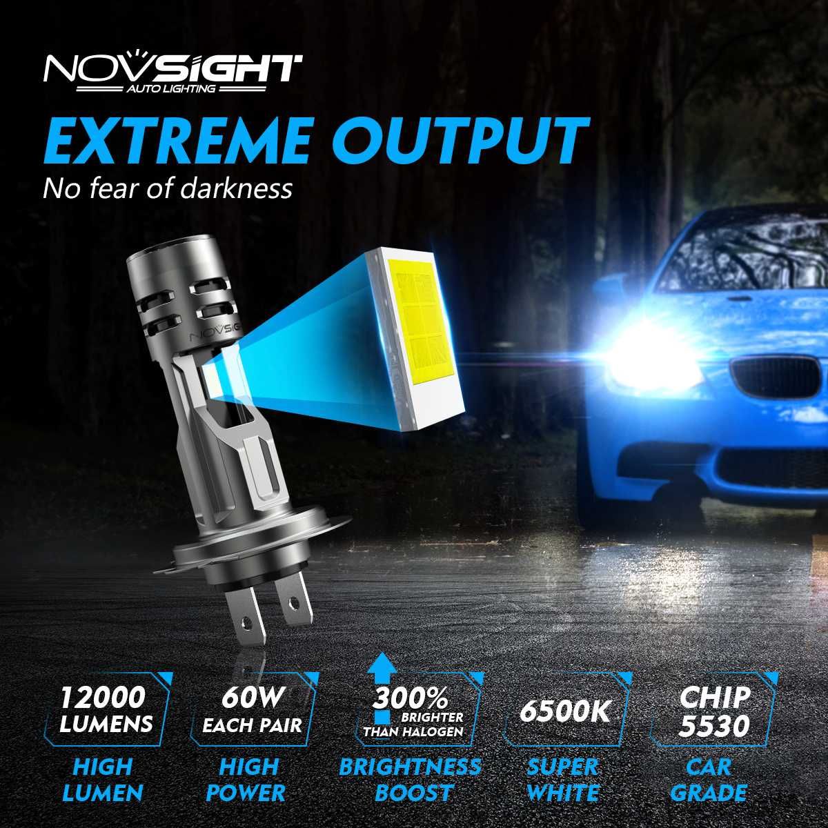 Set 2 Becuri LED H7 Model 2022 Novsight 12000Lm Plug and Play