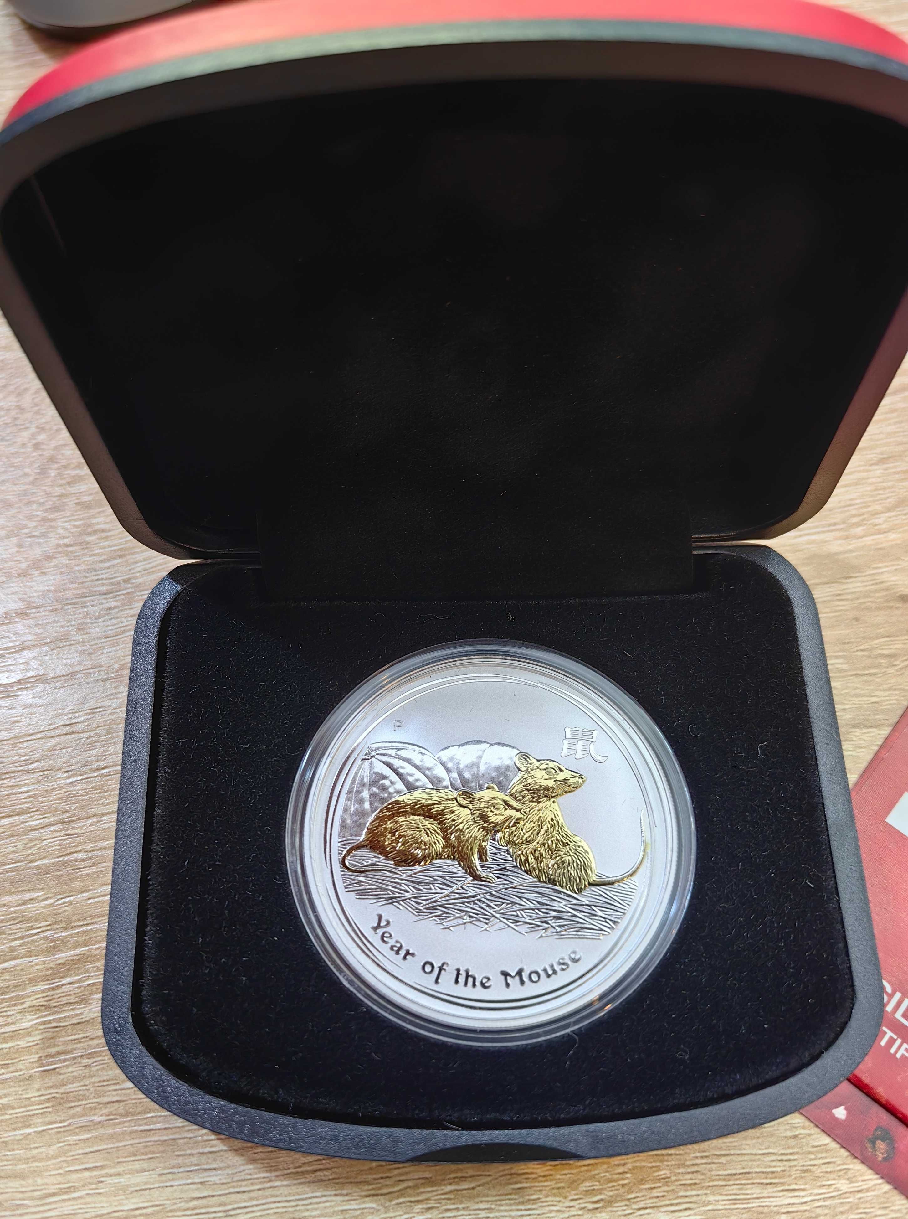 Сребро 1 oz Годината на Мишката 2008 Лунар Австралия с позлата