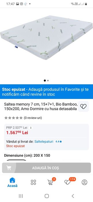 Vand saltea spuma cu memorie Bamboo 150 x200 .stare impecabila