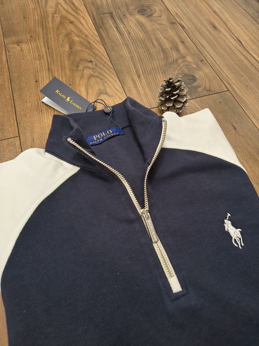 Pulover clasic, RL, half zipper, culoare navyblue&alb