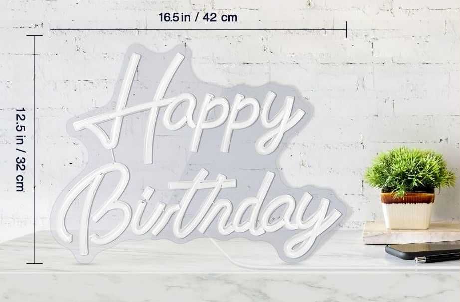 Lumina LED Neon, Happy Birthday, 42x32 cm, USB, alb cald