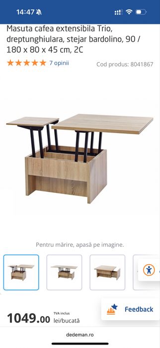 Masuta cafea extensibila Trio, dreptunghiulara, stejar bardolino