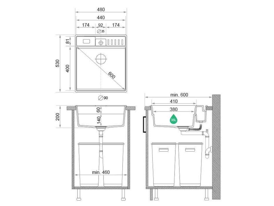 Черна кухненска гранитна мивка Ню Йорк 50 Multispace 480 x 530 мм