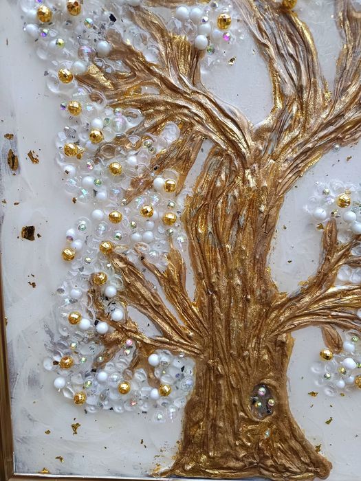 Tablou 3D, copac, foita de aur, rasina epoxidica