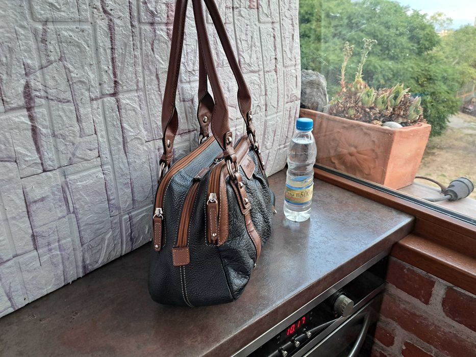 дамска чанта,TIGNANELLO,черна/кафява торба-естествена кожа