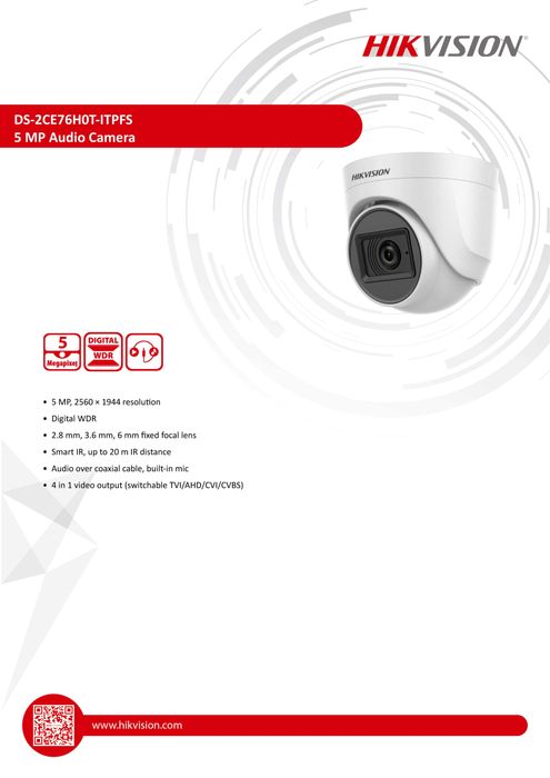 Hikvision DS-2CE76H0T-ITPFS 5MPx Водоустойчива Аудио Камера с Микрофон