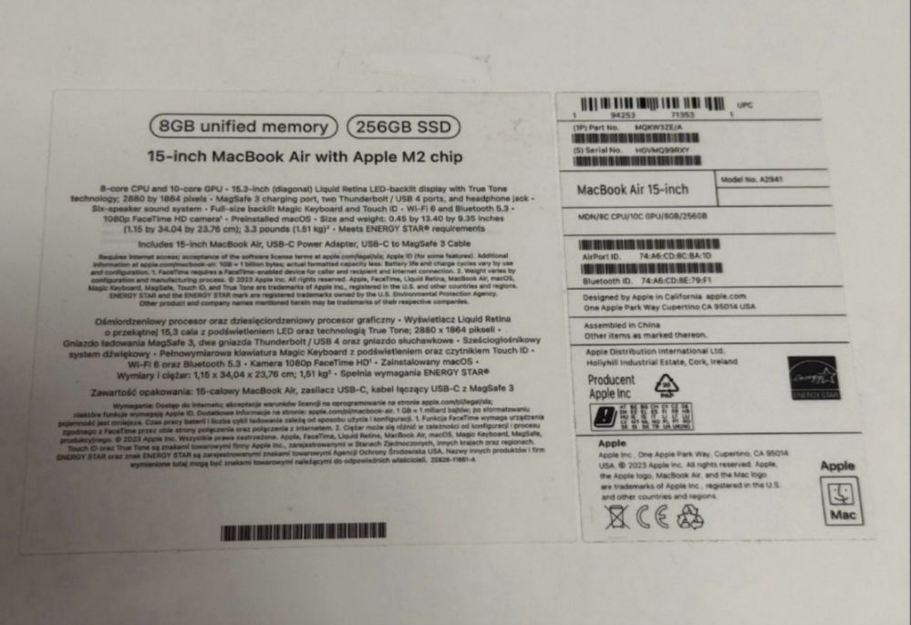 KATO HOB 15" 256GB MacBook Air M2 8GB Гаранция Technopolis 2026 г.