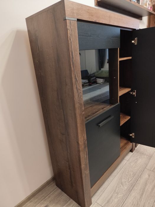 Dulap/Vitrină, Stejar Monastery, 2 uși negre, din pal, gama Balin