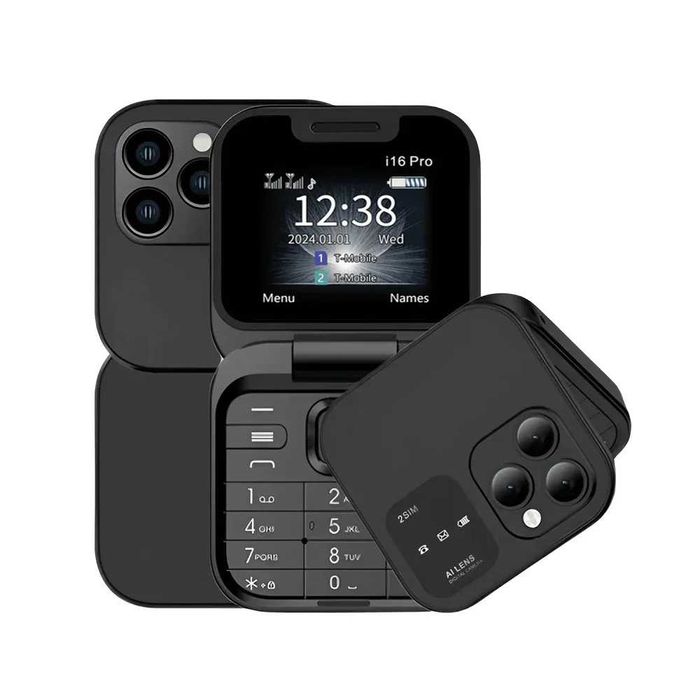 Mini telefon pliabil dual sim, Negru, incarcare usb tip C
