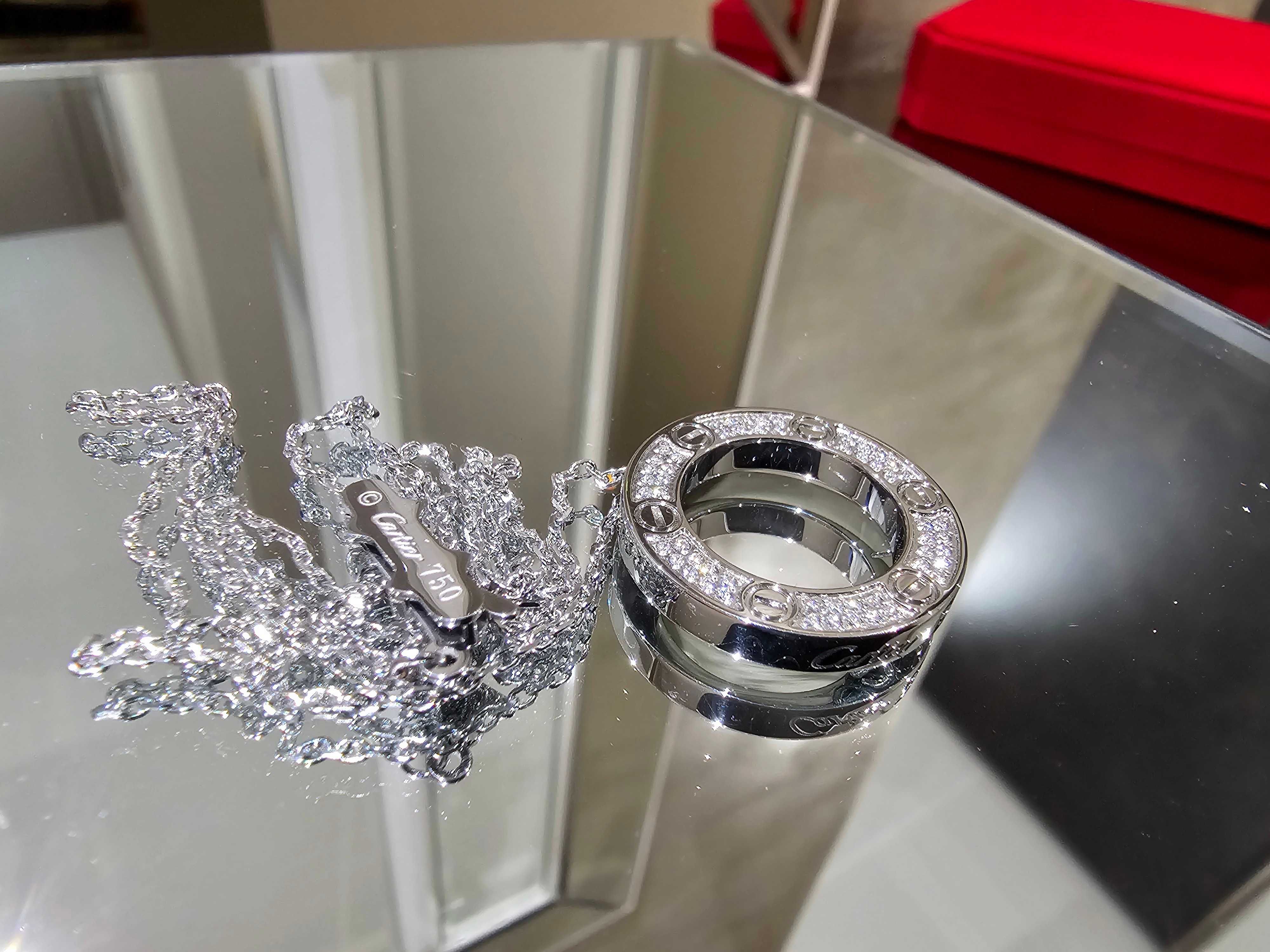 CARTIER Love White Gold Large Paved Diamonds Pendant Дамскo Колие