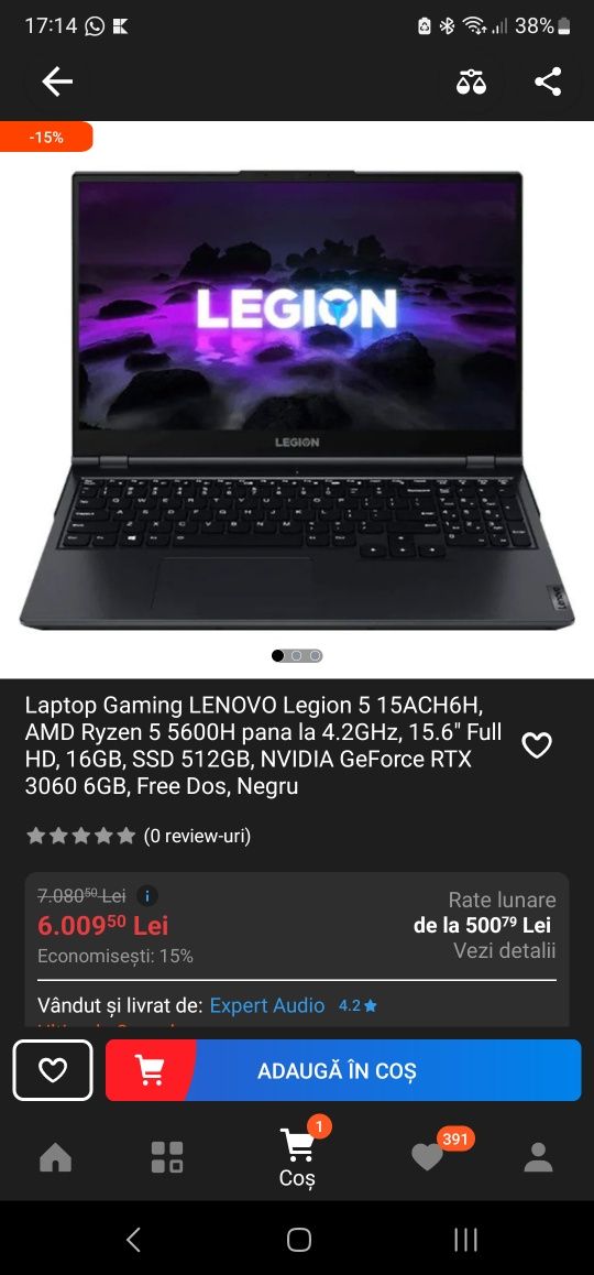 Laptop Gaming LENOVO Legion 5 15ACH6H, AMD Ryzen 5 5600H pana la 4.2GH