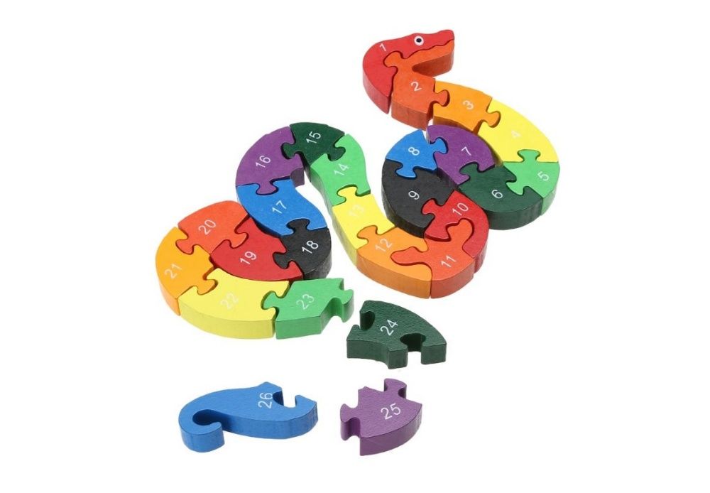 Puzzle lemn 3D multicolor, cifre si litere, model Sarpe