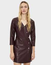 Rochie Bershka scurta Piele Leather visinie rosie capse maneca lunga