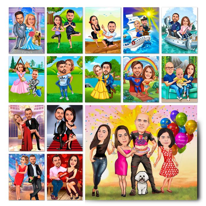 Tablouri Portrete Caricaturi la Comanda, Cadou Barbati Femei Cuplu