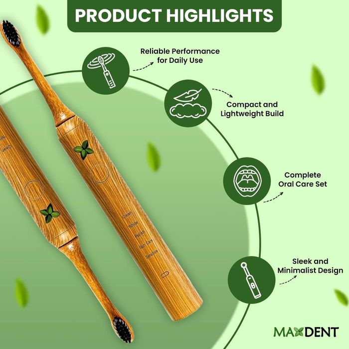 Акумулаторна електрическа четка за зъби Maxdent от бамбук, 3 глави