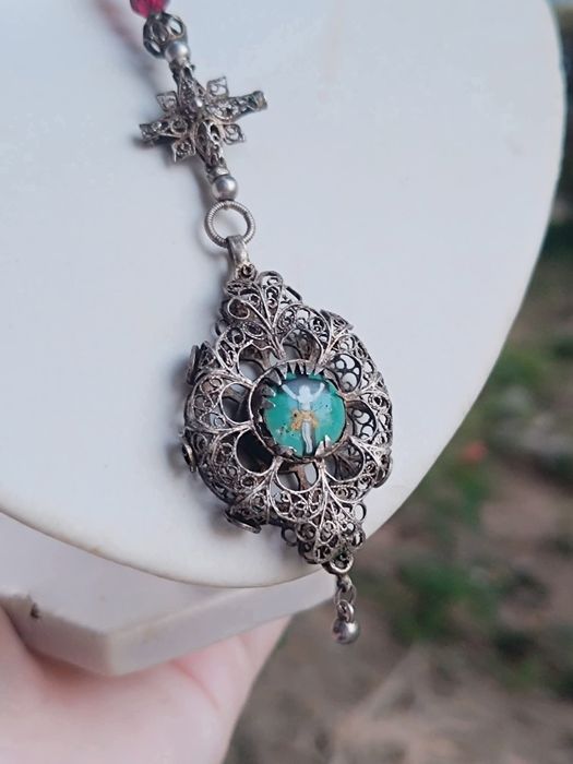Vechi Rozariu de mana argint filigran cu pietre rosi , antic victorian