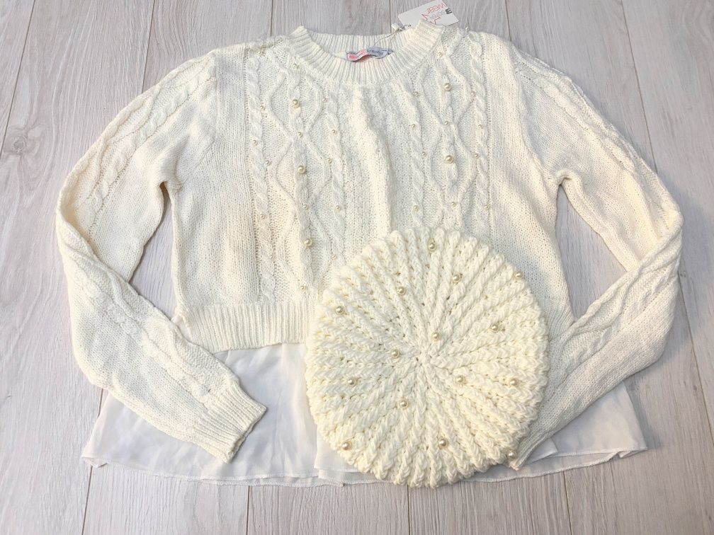 SET Pulover si bereta cu perle aplicate, model deosebit