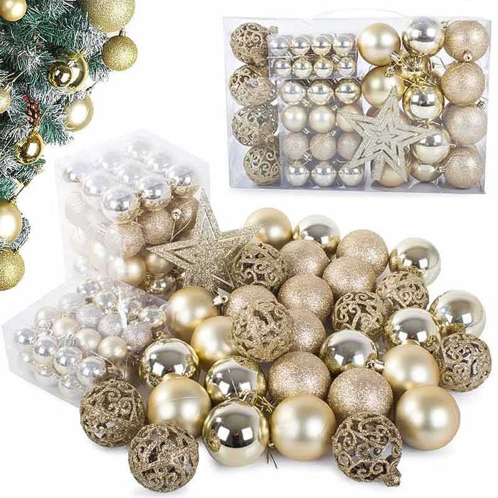 Златист комплект коледни топки 100 броя, различни размери и звезда