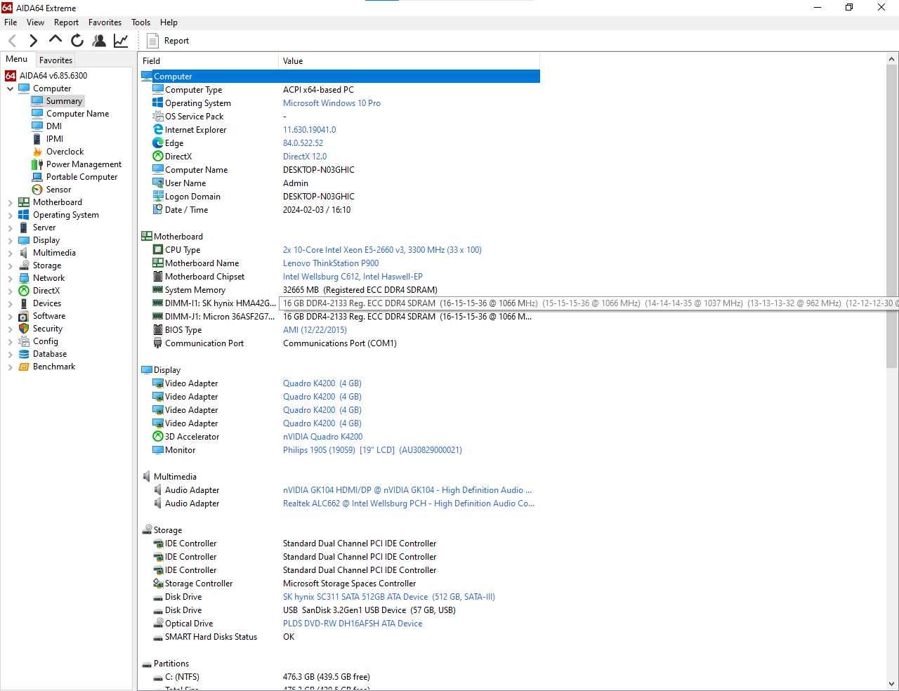 Lenovo P900 2* Xeon E5-2660 v3, 32GB RAM, Quadro K4200, 512GB SSD
