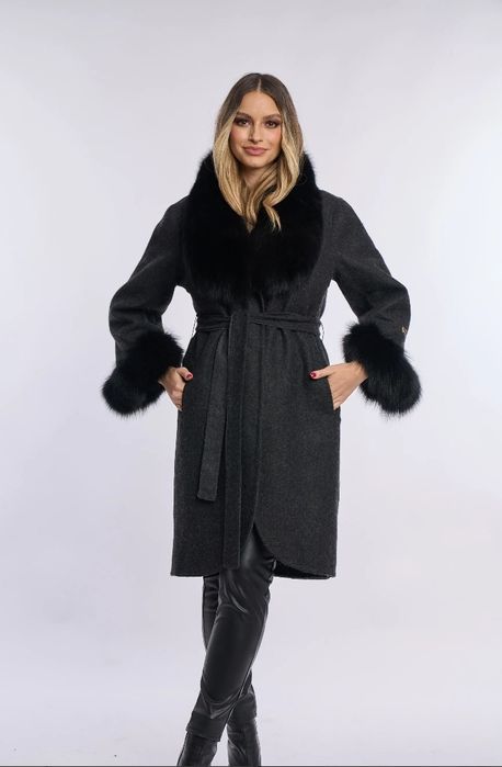 Palton din lana Alpaca cu blana naturala de vulpe