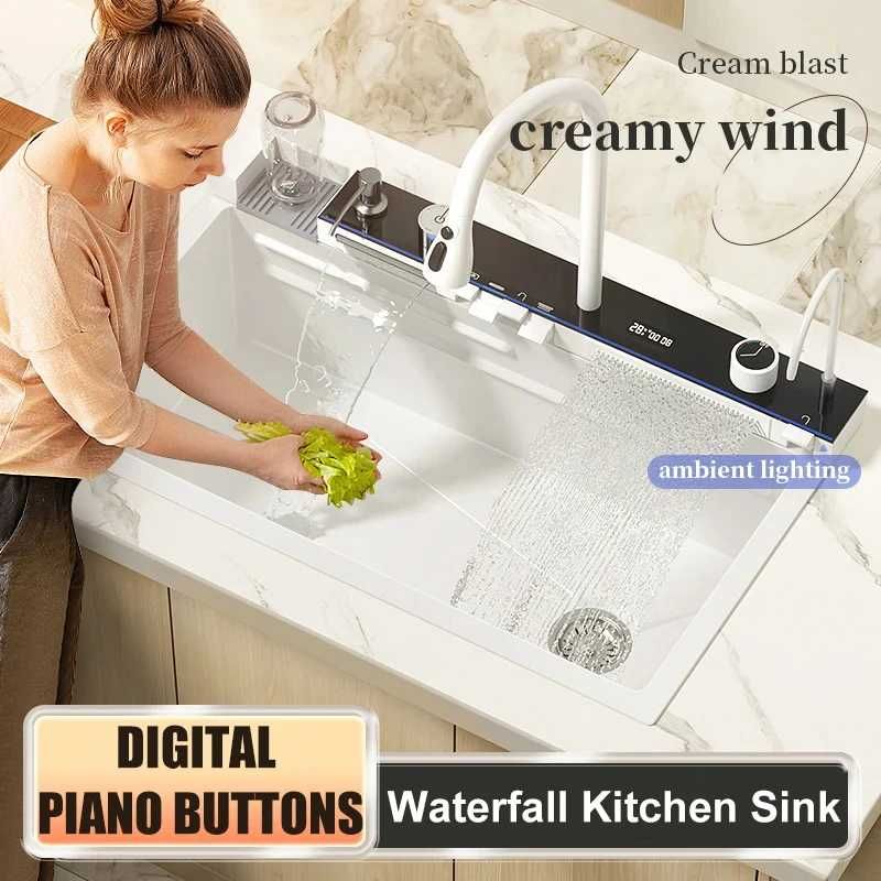Модерна бяла мултифункционална кухненска мивка с двоен водопад