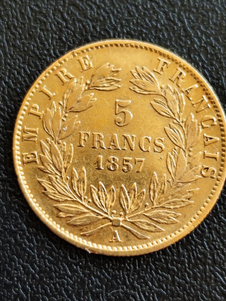 5 франка 1857 год., Наполеон III, злато 1.61 гр.900/1000 (21.6 карата)