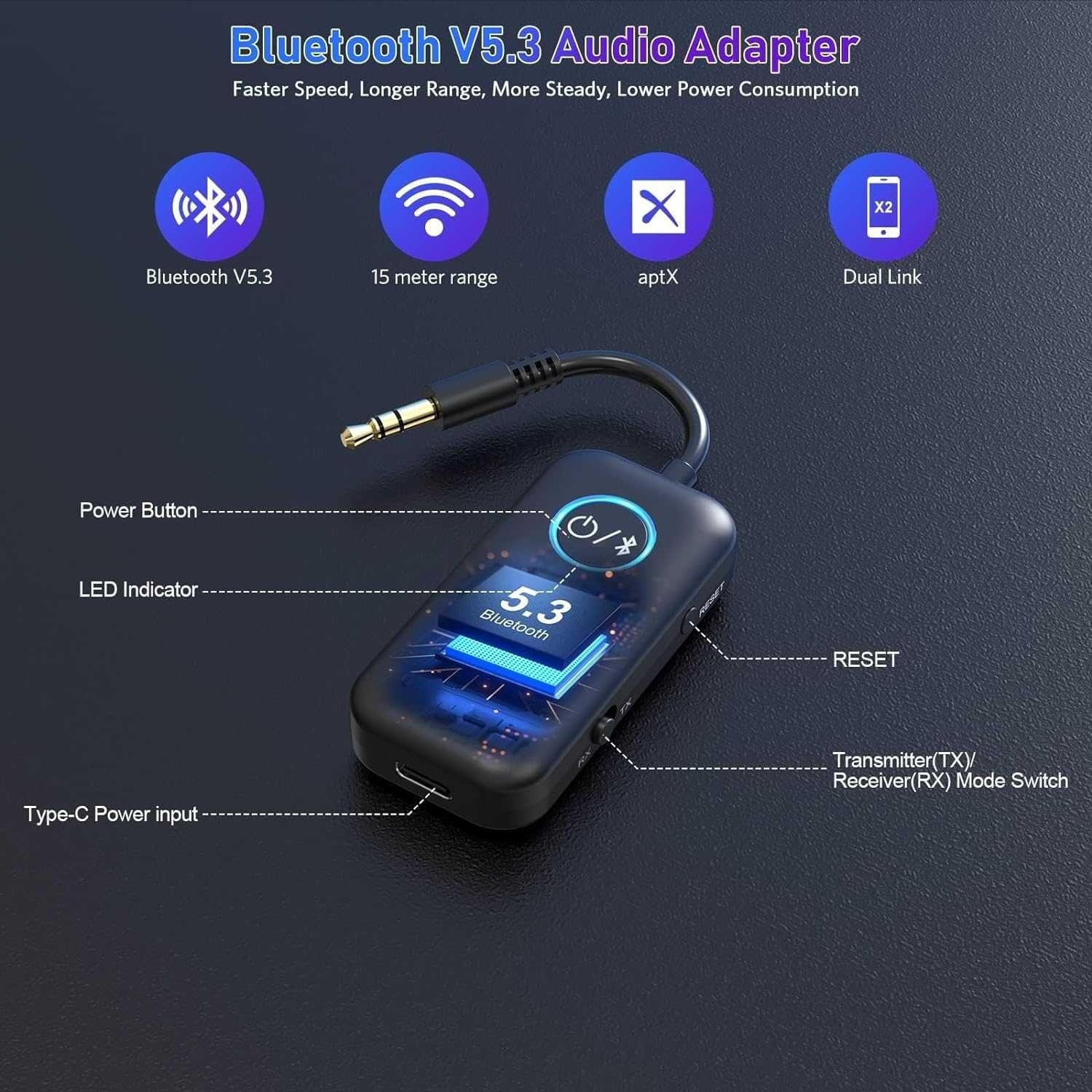 YMOO Adaptor Audio Wireless Bluetooth 5.3 la 2 căști,Aptx-HD (< 40ms)