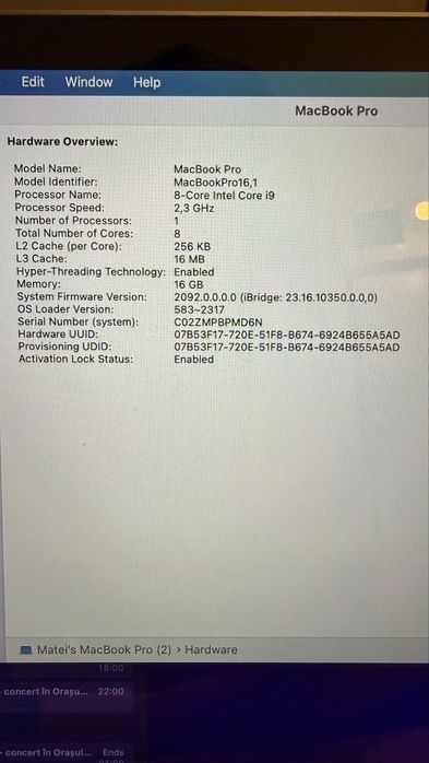 Macbook Pro 16" i9, 16Gb Ram, 1Tb SSD