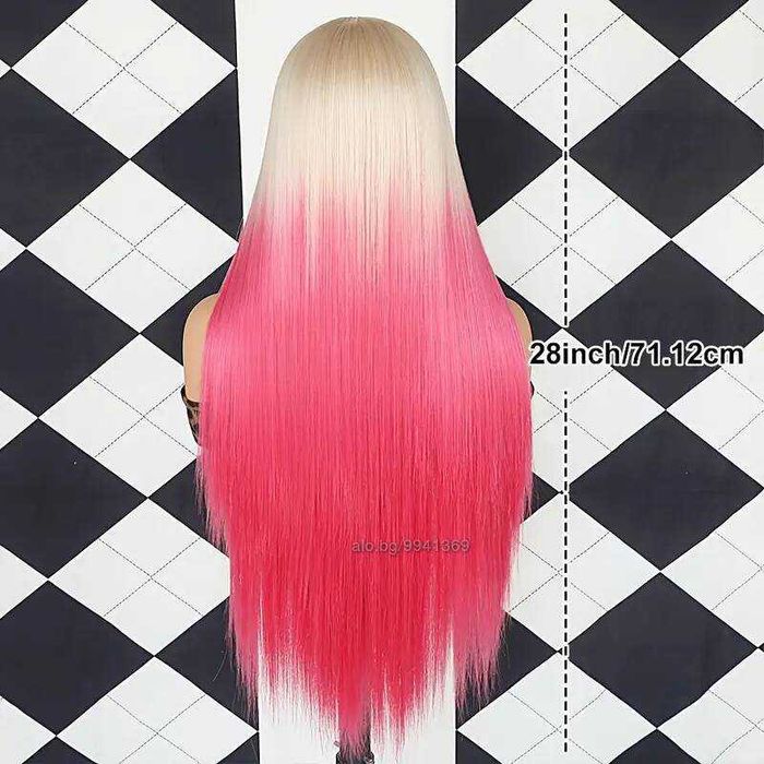 Лейс фонт права руса перука два цвята с розови краища