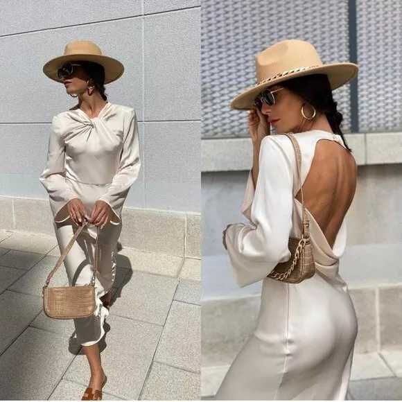 Zara rochie spate gol backless cream bej alb satin maneci lungi noua