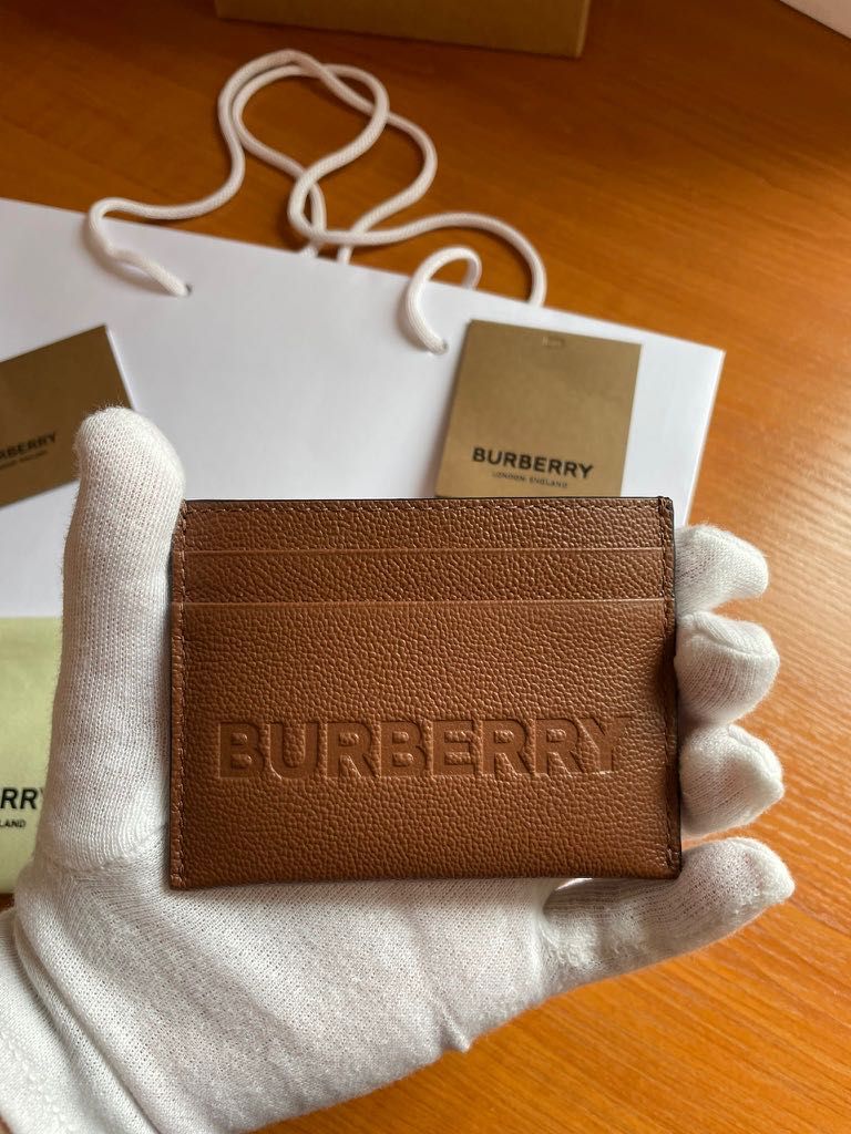 Кожено унисекс портмоне тип card holder, Burberry, тъмно кафяво