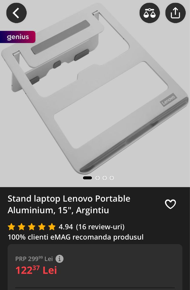 Stand laptop Lenovo Portable Aluminium, 15", Argintiu