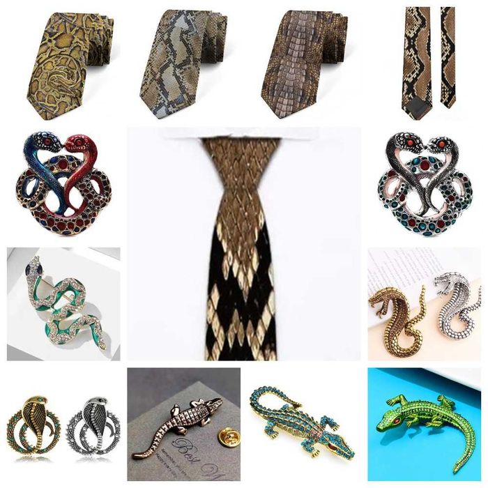 Галстуки "под кожу рептилий" разных видов змей, крокодила, броши к ним