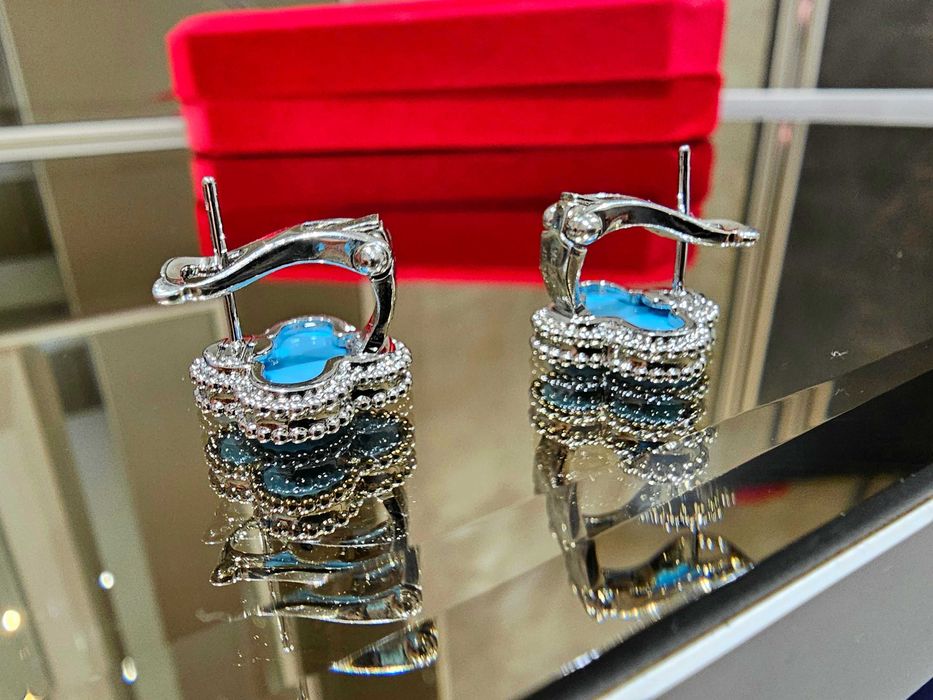 Van Cleef & Arpels VCA Silver Turquoise Alhambra Clips Дамски Обеци