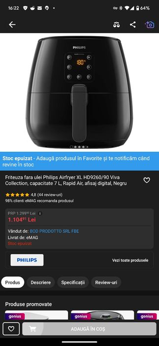 Friteuza fara ulei Philips Airfryer XL HD9260/90 Viva Collection,