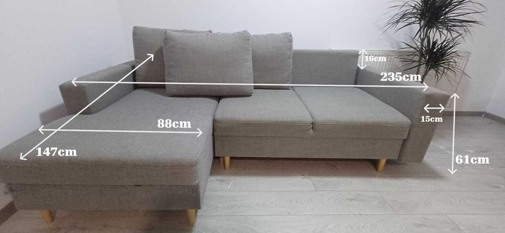 Canapea IKEA gri, 235 x 147 x 61, spatiu depozitare