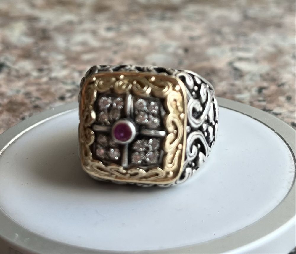 Inel ghiul Gerochristo 16 diamante 1 rubin aur 18K argint