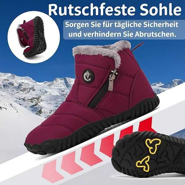 CELANDA Ghete de iarnă Barefoot, calduroase, impermeabile, visinii, 36