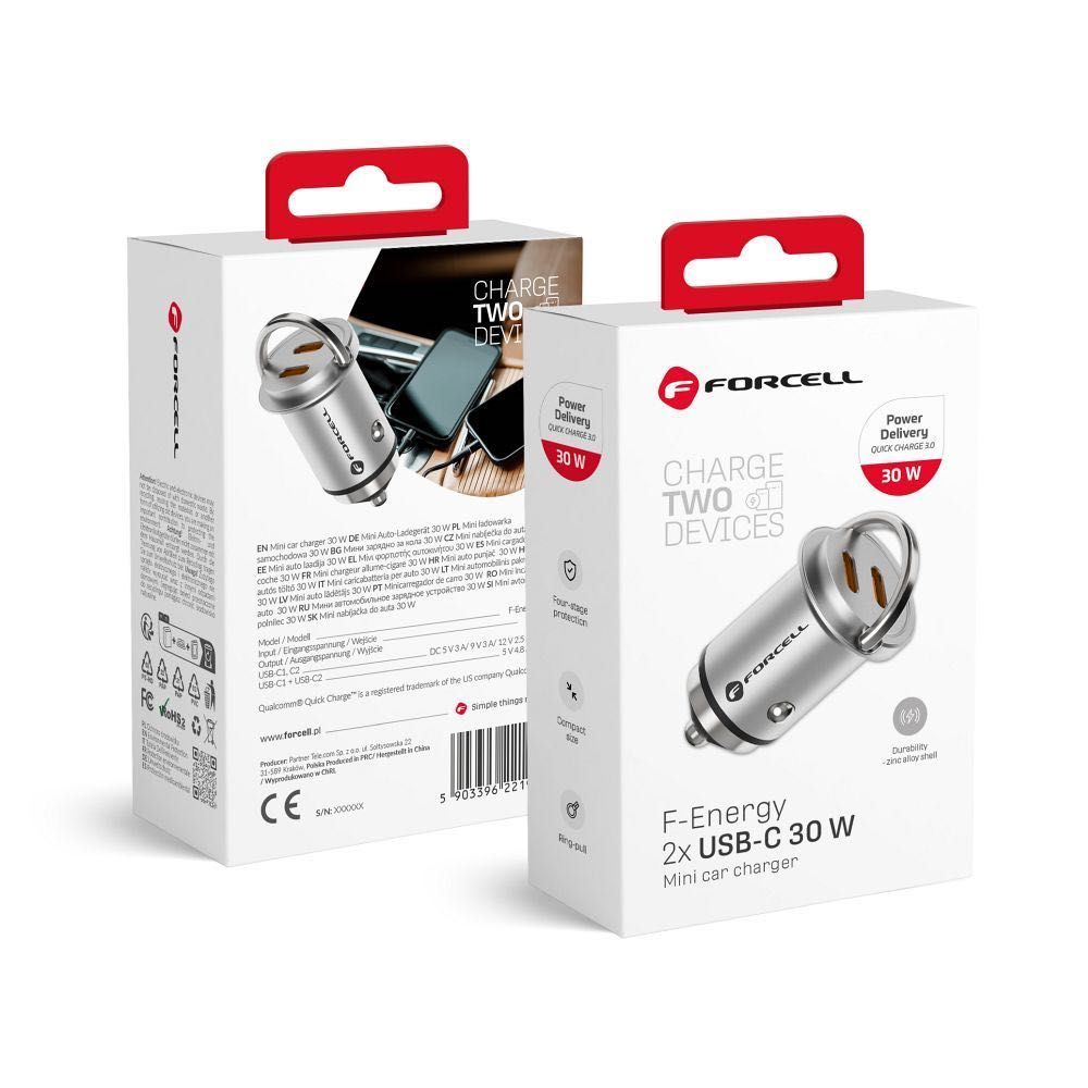 Мини зарядно за кола 2 x Type C PD QC3.0 3A 30W FORCELL F-ENERGY