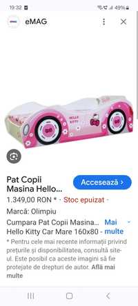 Pat masina hello kitty 160 × 80 2-12 ani ca nou cu saltea coc9s
Începe