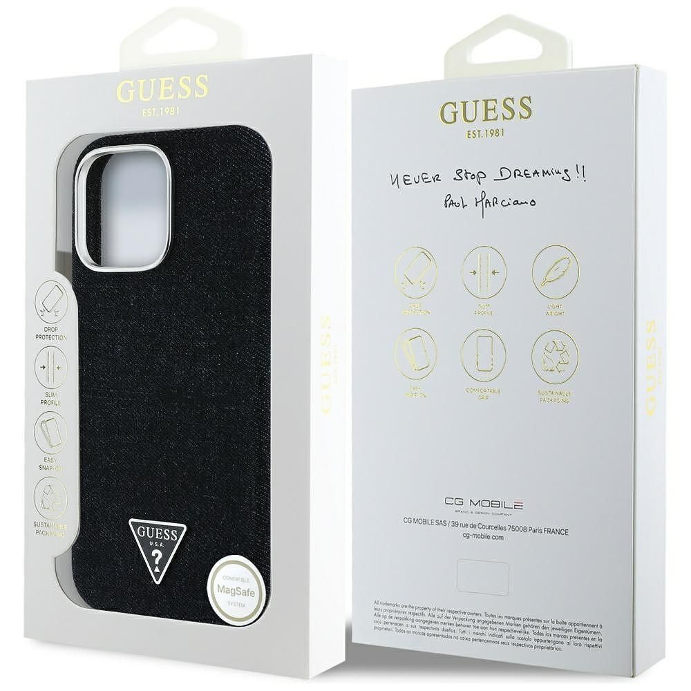 Guess – калъф denim triangle logo magsafe за iphone 16 pro – черен