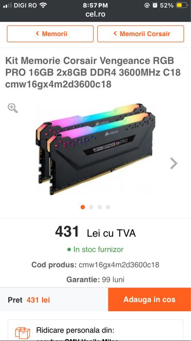 Kit corsair Vengeance (2x8) 3600mhz