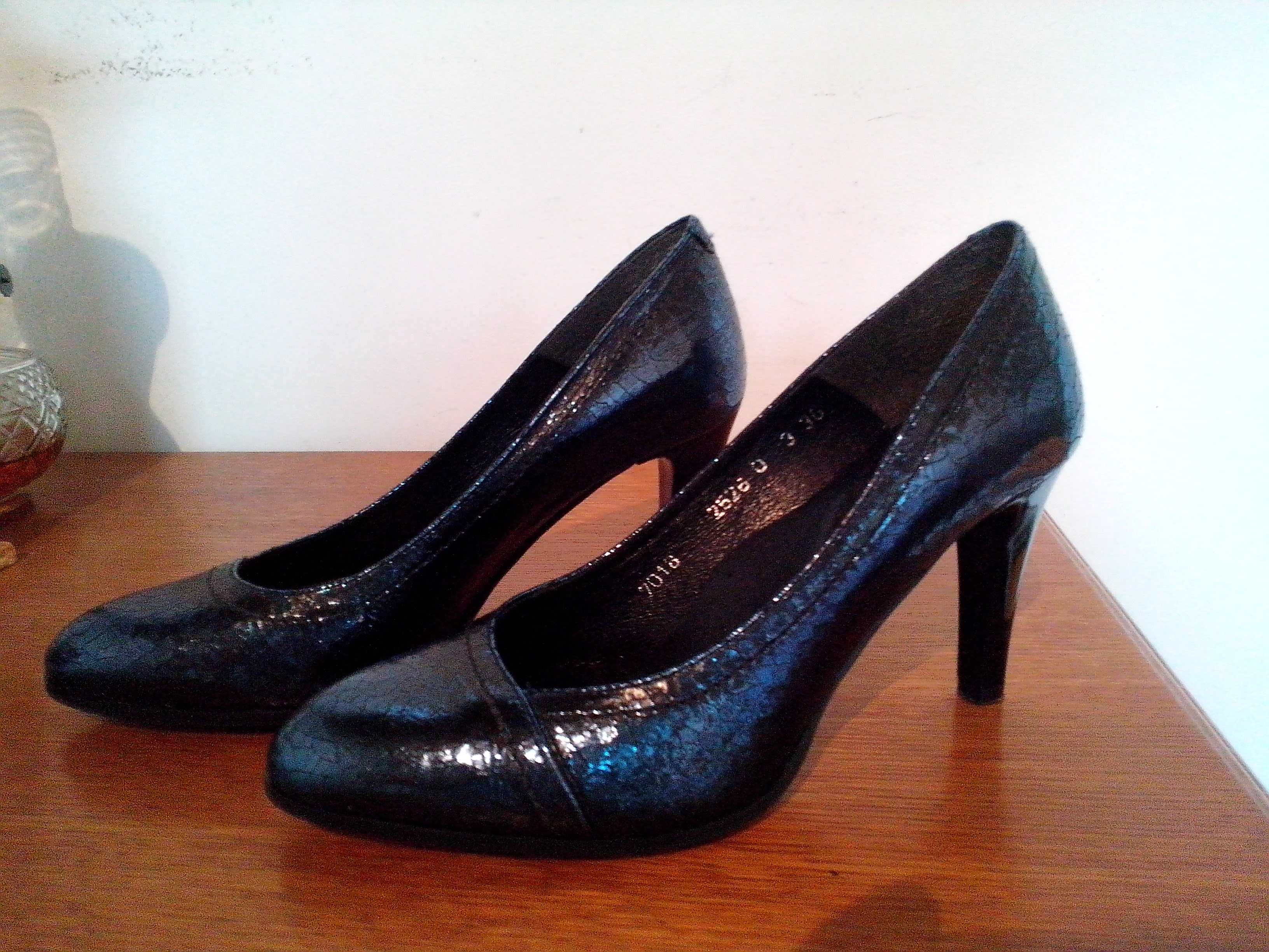 pantofi 36,piele naturala,marca Ann Mex,toc inalt,bleumarin metalizat