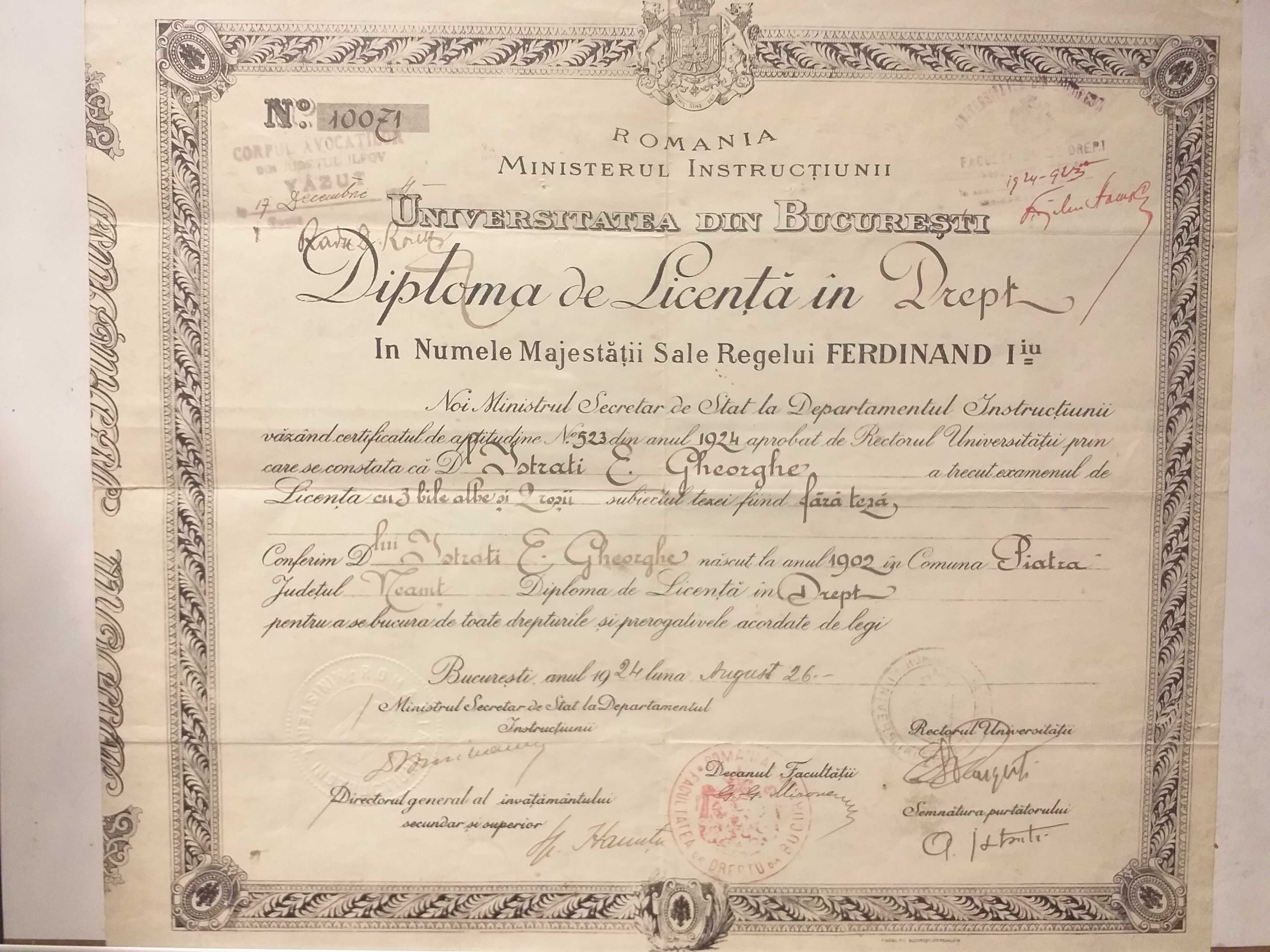 Diploma licenta Drept Bucuresti 1924