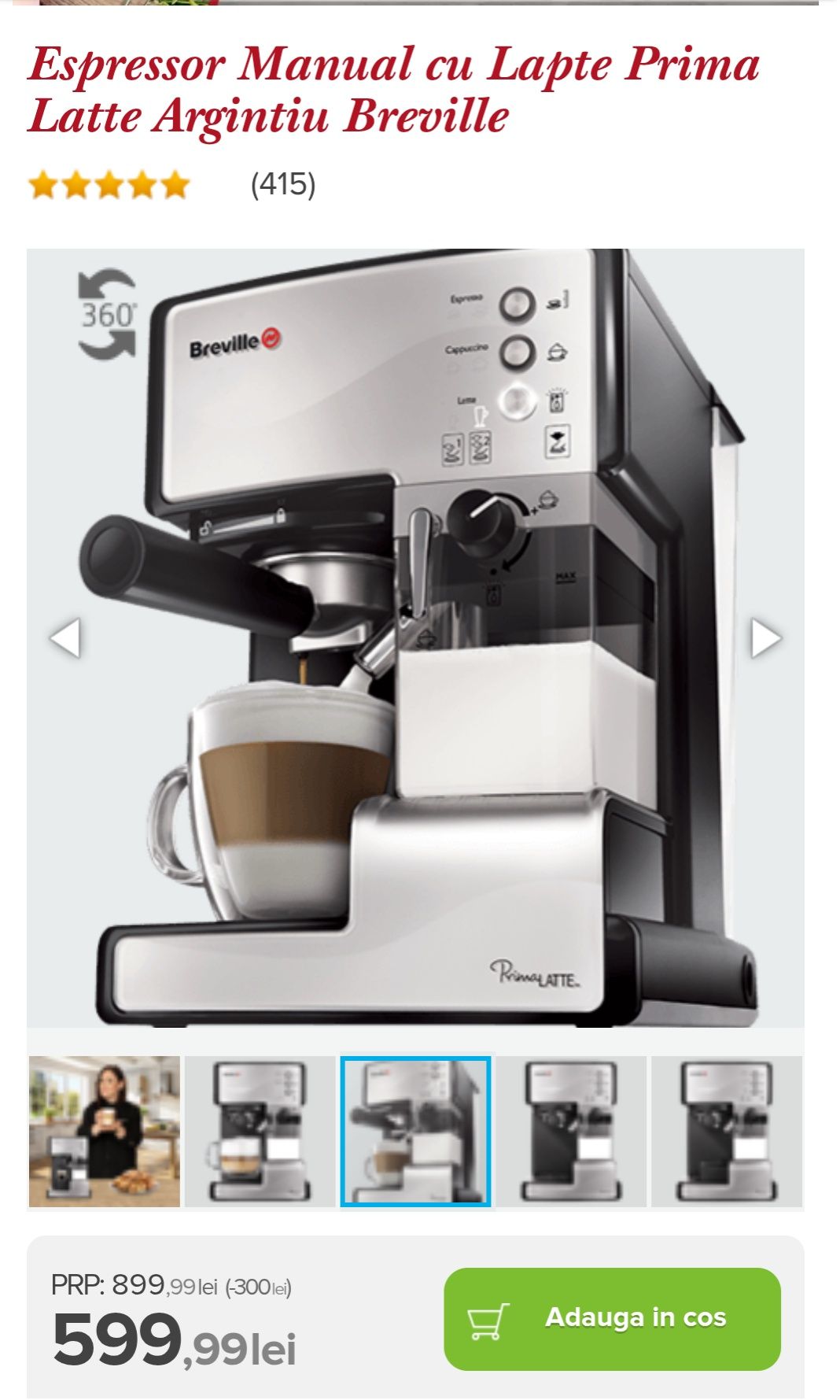 Espressor manual Breville Prima Latte VCF045X-01, 15 bari, 1.5 l, Reci